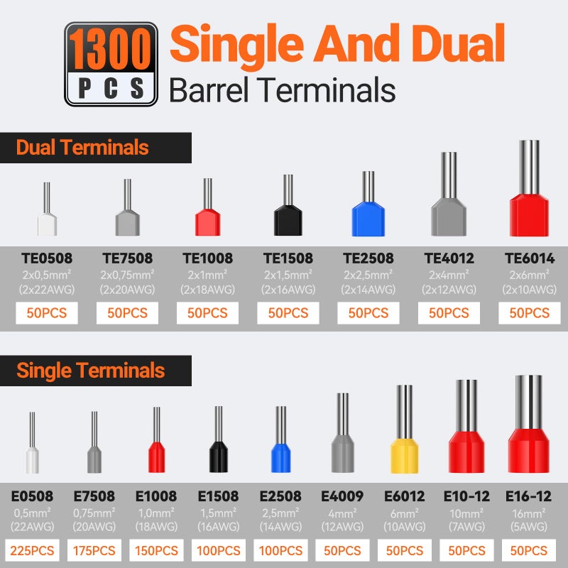 Preciva Ferrule Crimping Tool Kit with Portable Suitcase, Square Crimping Pliers for AWG 28-5 Ratchet Crimper with 1300 PCS Single & Dual Ferrule Connectors Wire Ferrules Terminals Kit - Image 4