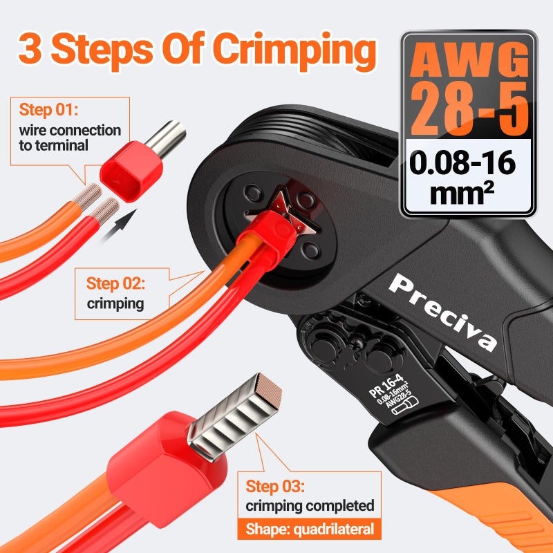 Preciva Ferrule Crimping Tool Kit with Portable Suitcase, Square Crimping Pliers for AWG 28-5 Ratchet Crimper with 1300 PCS Single & Dual Ferrule Connectors Wire Ferrules Terminals Kit - Image 2