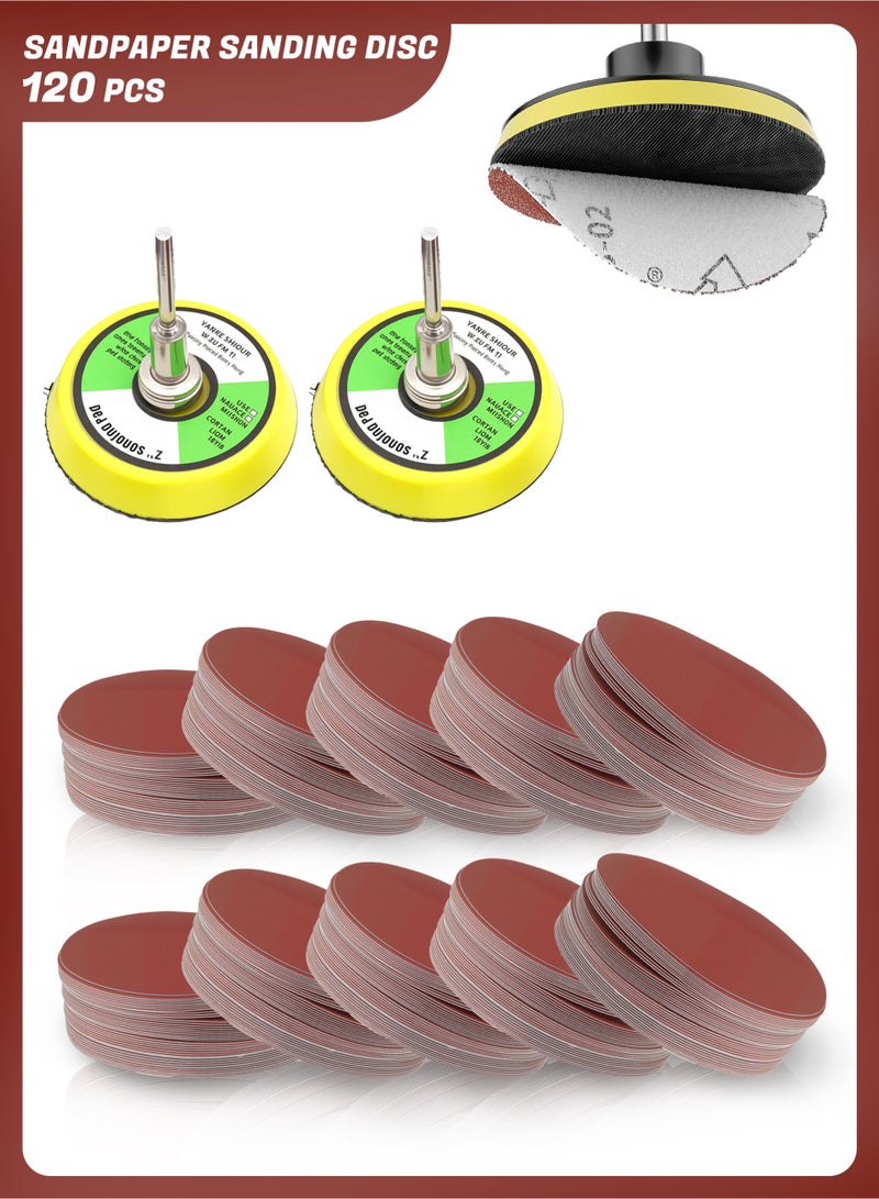 2 Inch Sanding Discs Kit 120PCS 100 TO 2000 Grit Sandpaper With 2Pcs A Quarter Inch Shank Backing Plate And Soft Foam Buffering Pad Hook and Loop Sand Paper - Image 1