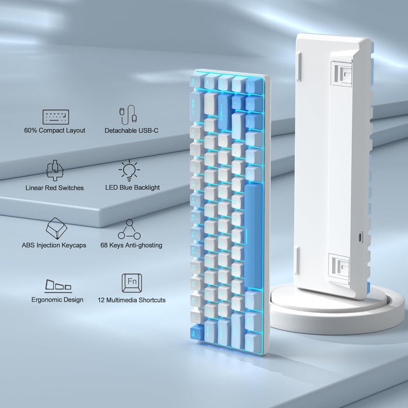 مايجغي لوحة مفاتيح ميكانيكية للألعاب محمولة من بنسبة 60%، MK-Box بإضاءة خلفية LED، مدمجة 68 مفتاحًا، لوحة مفاتيح سلكية صغيرة للمكتب مع مفتاح أحمر لأجهزة Windows Laptop PC Mac - أزرق سماوي - Image 2