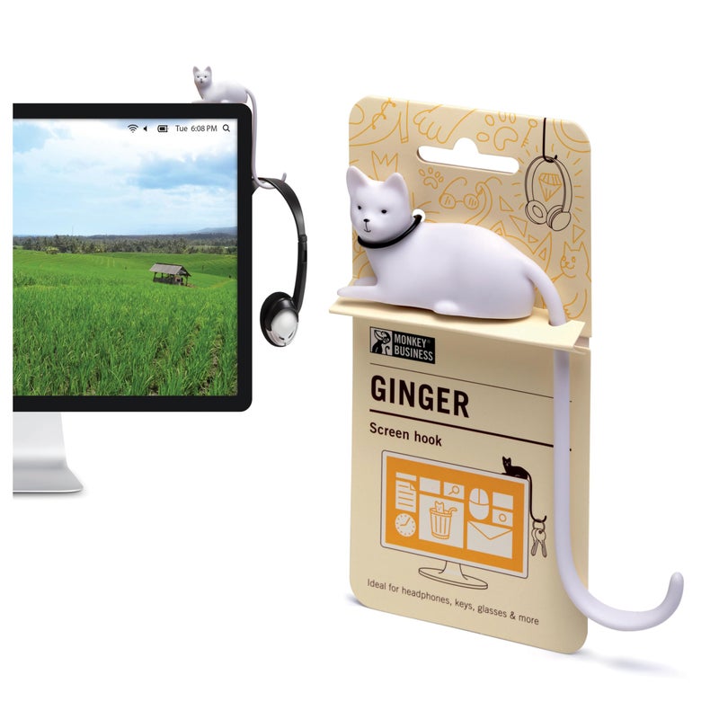 Monkey Business Ginger The Cat Tail Hook for Computer Screen, Tight Spaces, Hang Keys, Accessories in Easy Reach (White) - Image 1