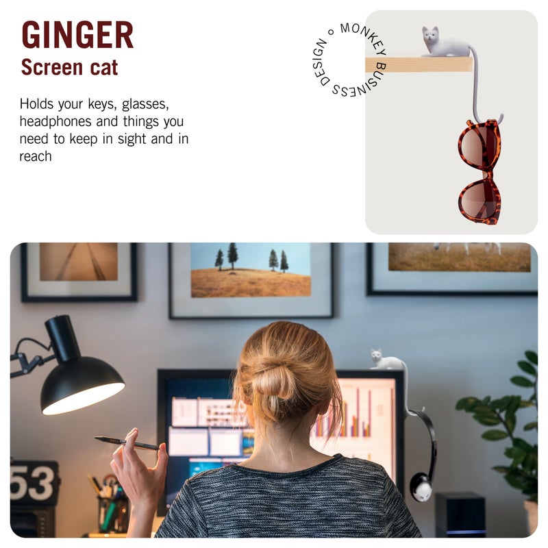 Monkey Business Ginger The Cat Tail Hook for Computer Screen, Tight Spaces, Hang Keys, Accessories in Easy Reach (White) - Image 2