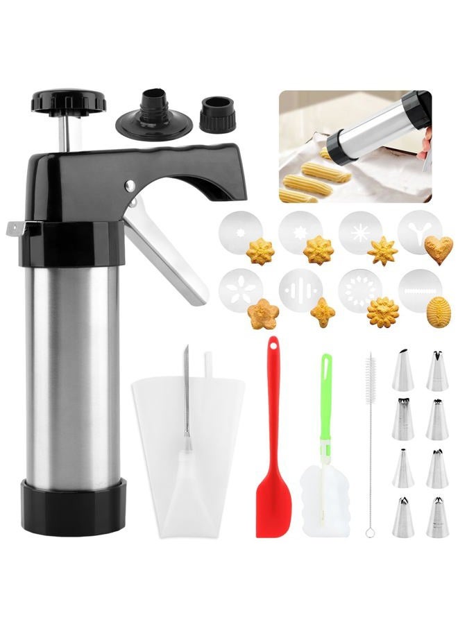 Ranjaner Churro Maker Machine, Stainless Steel Churros Gun Kit, Cookie Press Gun with Piping Bag, 8 Piping Nozzles, 8 Cookie Discs, 2 Brush and Cream Spatula - Image 1
