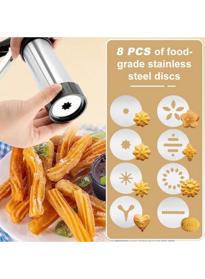 Ranjaner Churro Maker Machine, Stainless Steel Churros Gun Kit, Cookie Press Gun with Piping Bag, 8 Piping Nozzles, 8 Cookie Discs, 2 Brush and Cream Spatula - Image 4