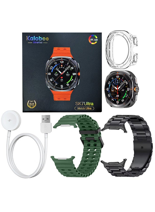 Kalobee - SK7 Ultra Smartwatch Bundle With Accessories Including 1 Black Stainless Steel Band 1 Green Silicone Band a Charging Cable and a TPU Case Protector - Image 1