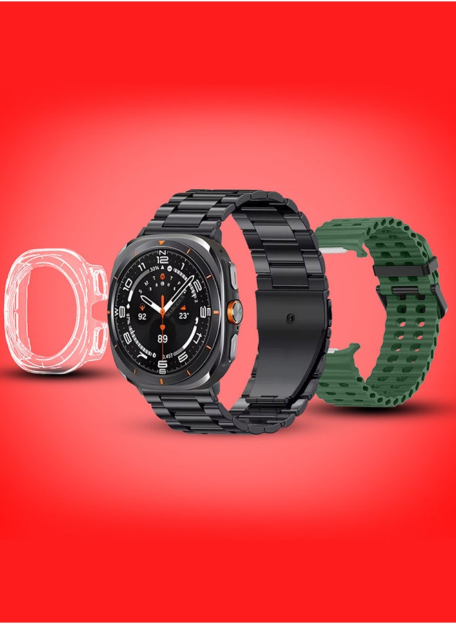 Kalobee - SK7 Ultra Smartwatch Bundle With Accessories Including 1 Black Stainless Steel Band 1 Green Silicone Band a Charging Cable and a TPU Case Protector - Image 1