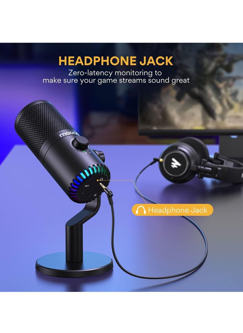 Maono - MAONO USB Gaming Microphone for PC Programmable Condenser Mic with RGB Light  Mute Gain Monitoring Volume Control for Streaming Podcasts and Computers DM30 Black - Image 1