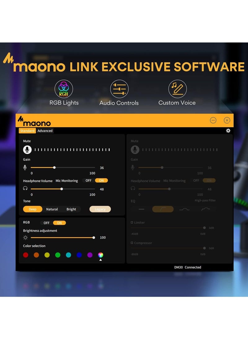 Maono - MAONO USB Gaming Microphone for PC Programmable Condenser Mic with RGB Light  Mute Gain Monitoring Volume Control for Streaming Podcasts and Computers DM30 Black - Image 1