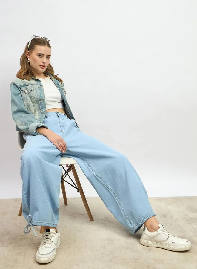 Styli Mid Rise Drawstring Hem Wide Leg Jeans