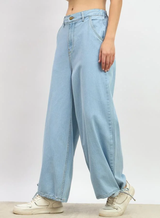 Styli Mid Rise Drawstring Hem Wide Leg Jeans