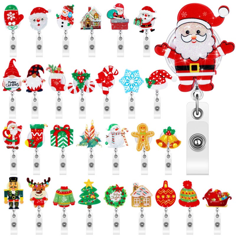 Yinkin 30 Pcs Christmas Retractable Badge Reels Acrylic Gillter Xmas Nurse Id Holder Name Card with Alligator Swivel Clip Santa Claus Snowman Elk Badge Holder for Nurse Gift New Year - Image 2