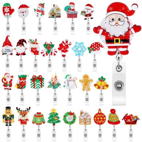 Yinkin 30 Pcs Christmas Retractable Badge Reels Acrylic Gillter Xmas Nurse Id Holder Name Card with Alligator Swivel Clip Santa Claus Snowman Elk Badge Holder for Nurse Gift New Year - Image 1