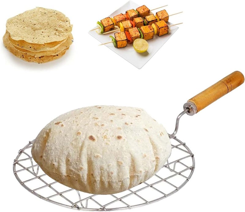 AADHIK Papad Jali Roast, Paneer Grill, Roti Maker, Barbeque Round Jali Roaster Chapati Toast Grill Wooden Handle Vegetable tandoor net, Baigan Bharta - Image 1