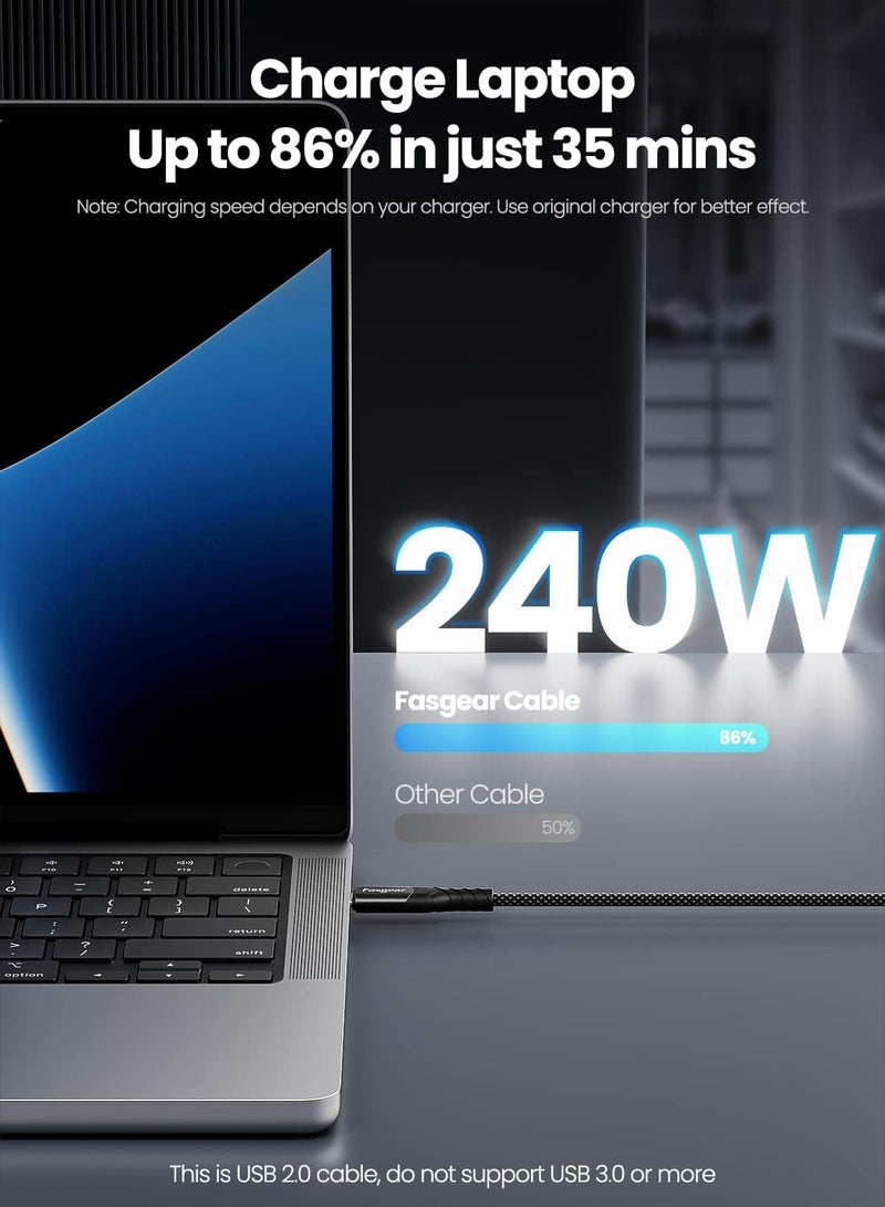 كابل Fasgear 240W USB C إلى USB C - عبوة واحدة 6 أقدام PD 3.1 USB 2.0 سلك Type C شحن سريع 5A شاحن مضفر بزاوية 90 درجة متوافق مع 140W M3 Mac-book Pro 16”, i-Pad Air 5, Sam-sung Note 20, - Image 2