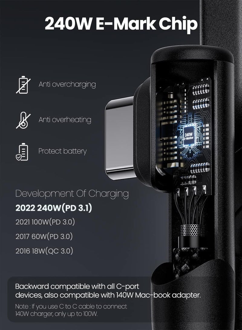 كابل Fasgear 240W USB C إلى USB C - عبوة واحدة 6 أقدام PD 3.1 USB 2.0 سلك Type C شحن سريع 5A شاحن مضفر بزاوية 90 درجة متوافق مع 140W M3 Mac-book Pro 16”, i-Pad Air 5, Sam-sung Note 20, - Image 3