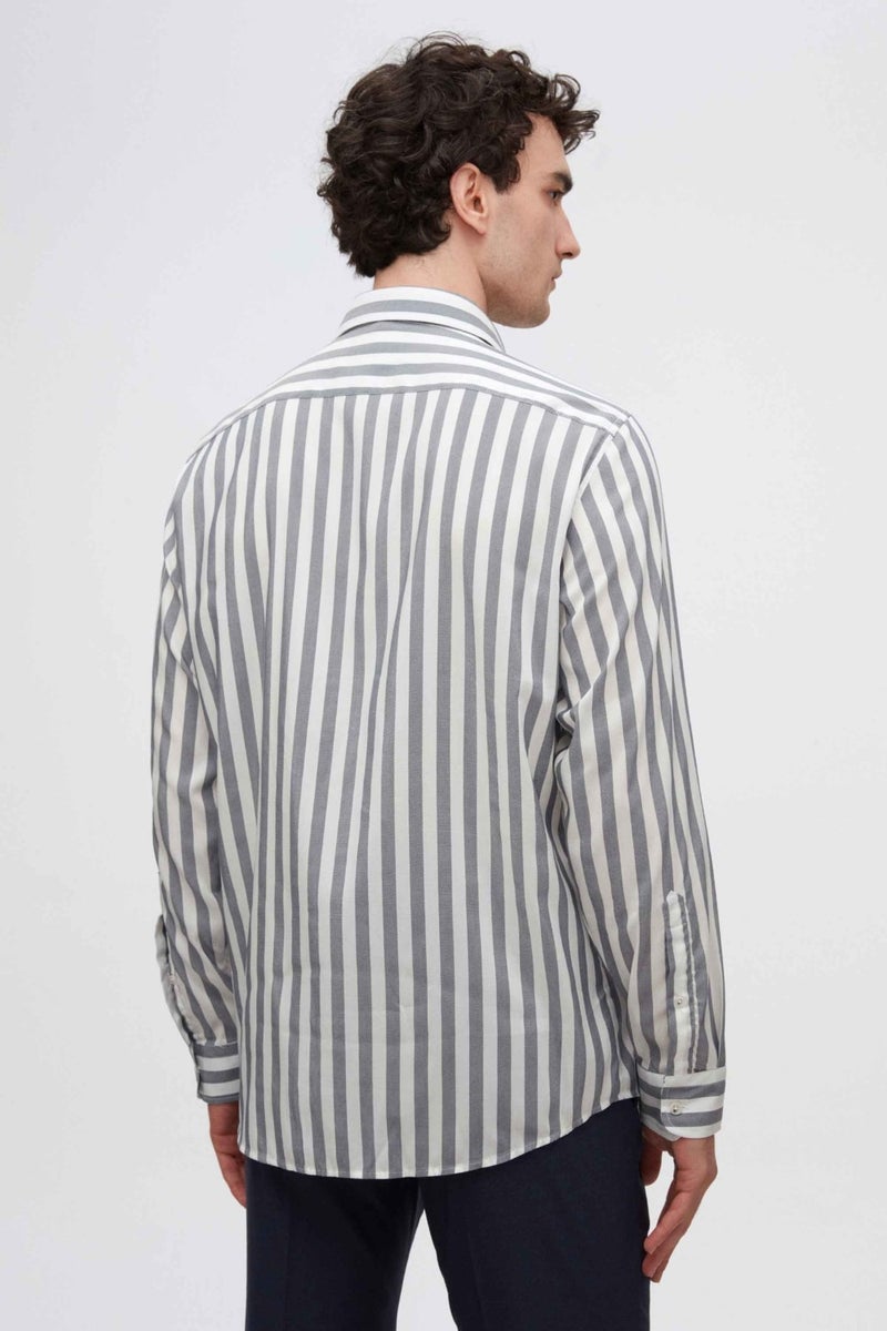 D'S DAMAT D'S Groom Ds Groom Comfort Navy Blue Striped Patterned Shirt - Image 4