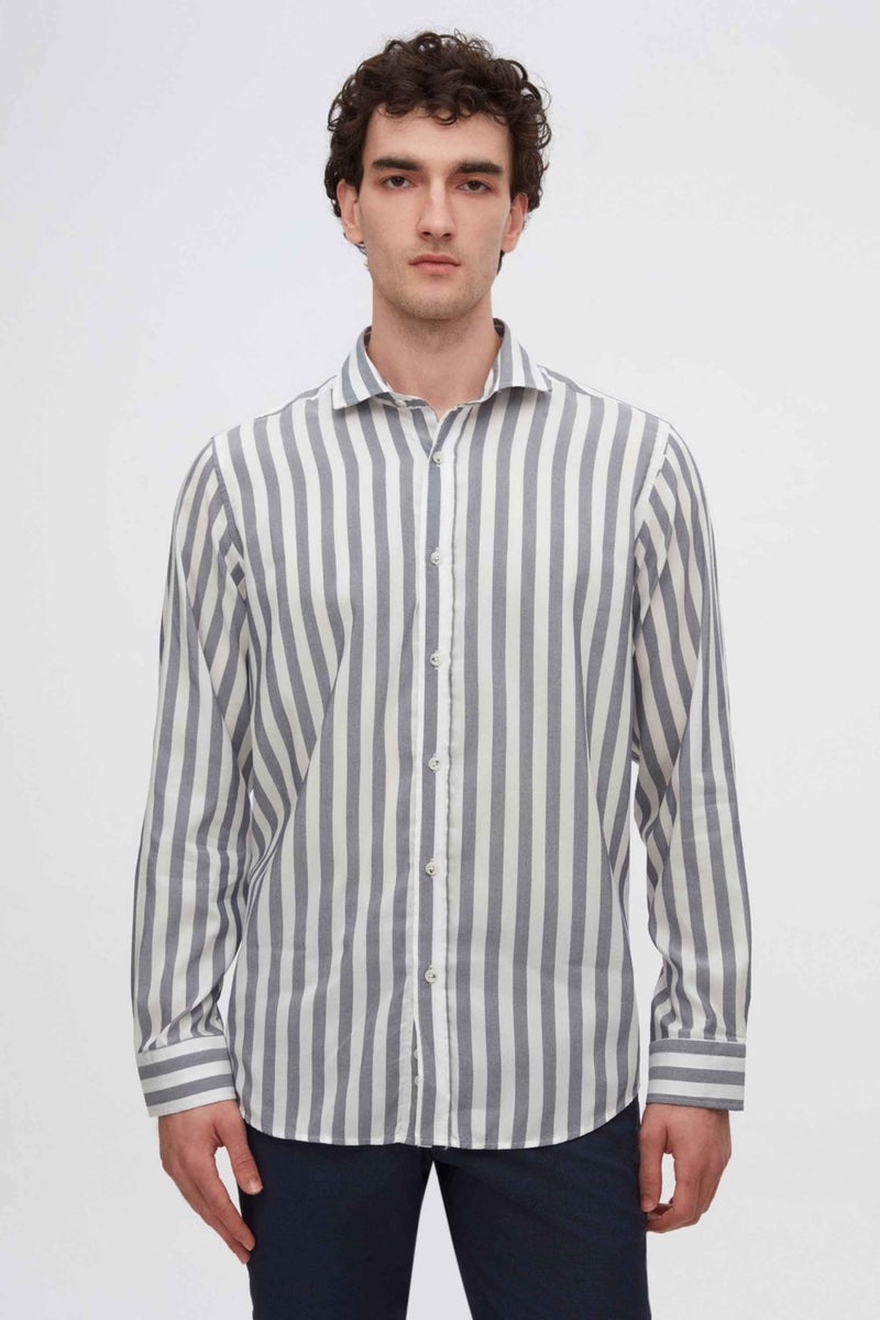 D'S DAMAT D'S Groom Ds Groom Comfort Navy Blue Striped Patterned Shirt - Image 1