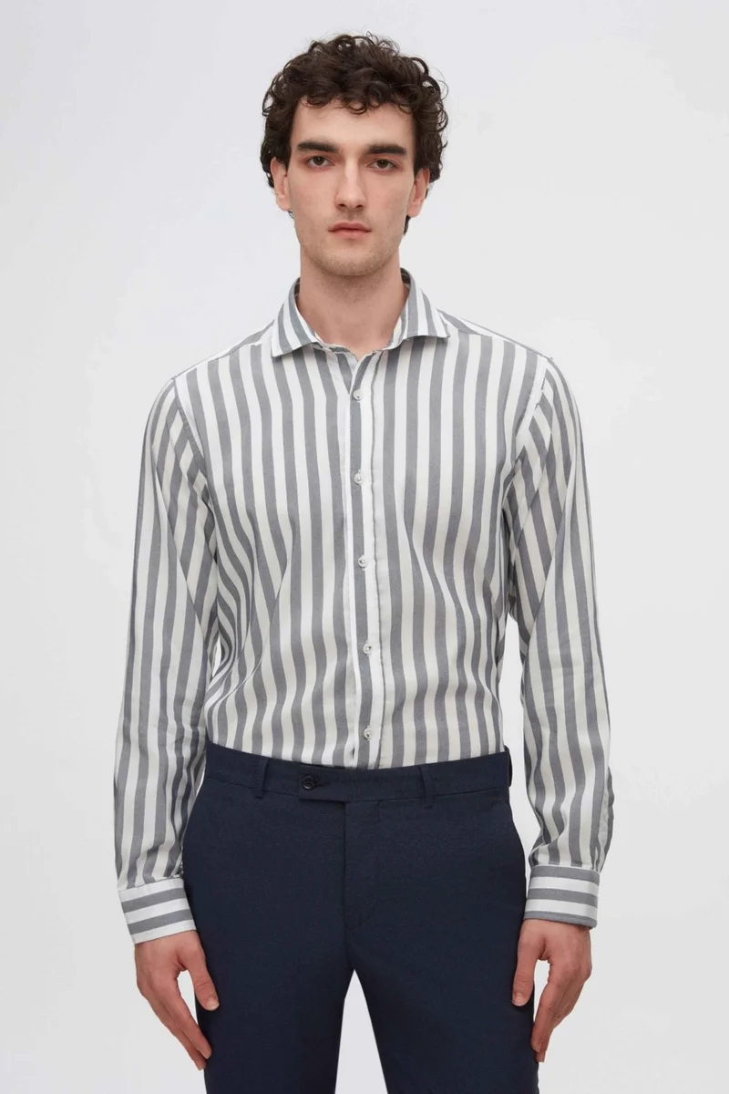 D'S DAMAT D'S Groom Ds Groom Comfort Navy Blue Striped Patterned Shirt
