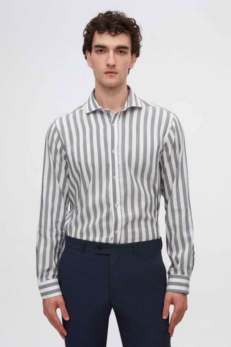 D'S DAMAT D'S Groom Ds Groom Comfort Navy Blue Striped Patterned Shirt - Image 2