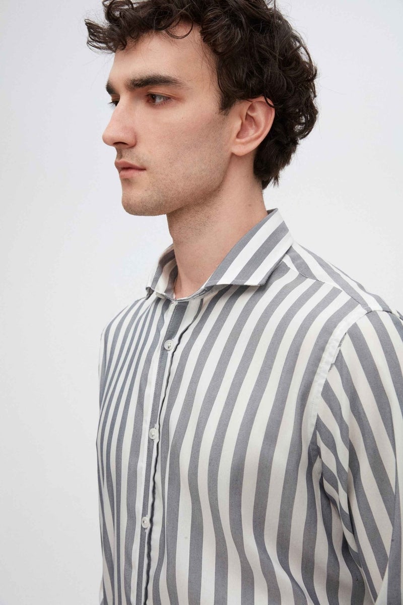 D'S DAMAT D'S Groom Ds Groom Comfort Navy Blue Striped Patterned Shirt - Image 3
