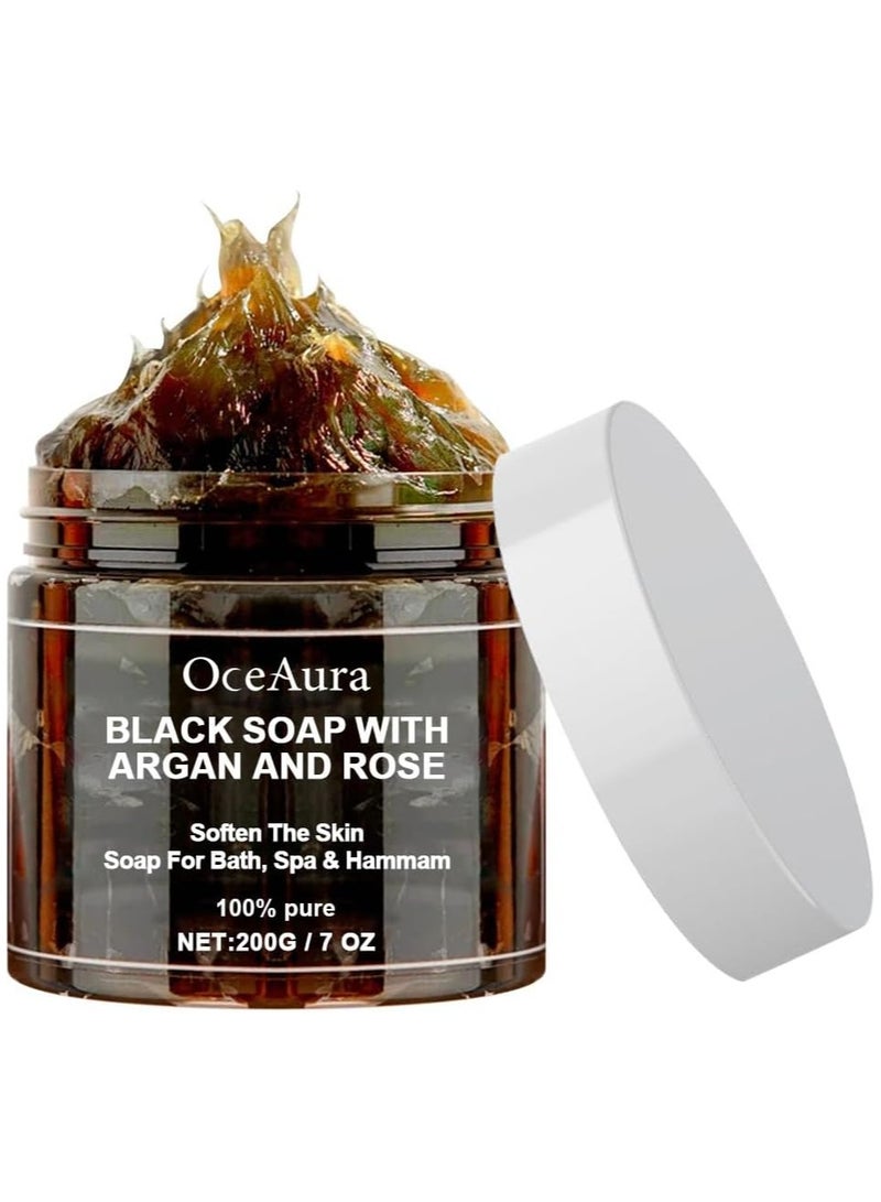 OceAura orocco Black Soap With Argan and Rose, Zawina Morocco Black Beldi Soap, Morocco Body Scrub, Body Exfoliator Scrub, Moroccan Black Soap with Glove, Organic Soap Cleansing, Exfoliating - Image 1