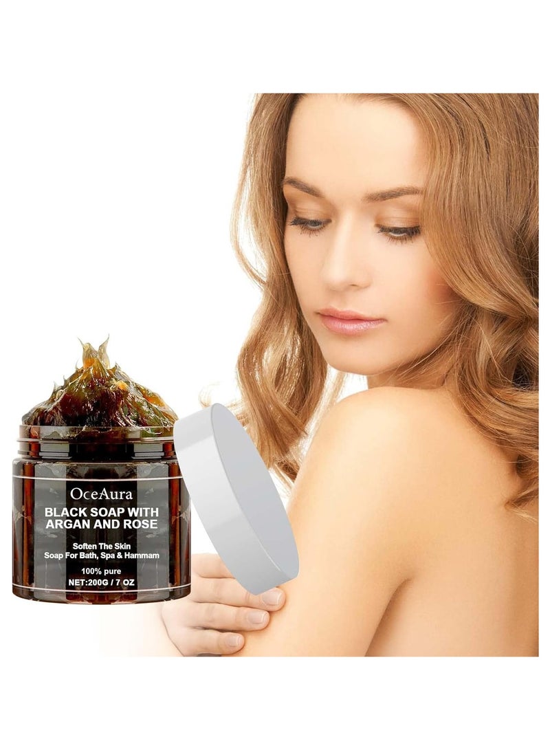 OceAura orocco Black Soap With Argan and Rose, Zawina Morocco Black Beldi Soap, Morocco Body Scrub, Body Exfoliator Scrub, Moroccan Black Soap with Glove, Organic Soap Cleansing, Exfoliating - Image 2