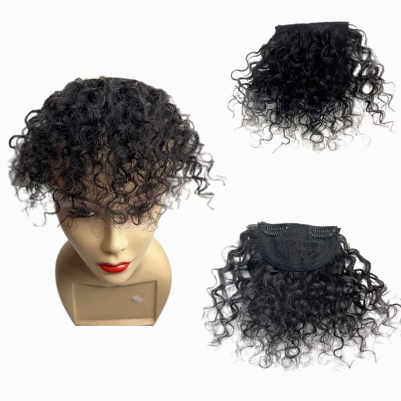 100 Human Hair Bangs Afro Curly Fringe Hair Bangs Fluffy Kinky Curly Human Hairpieces for Black Women Clip in on Hair Extensions Natural Black