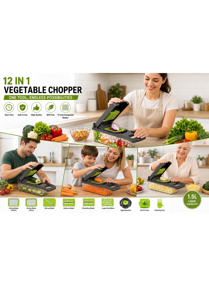 12-in-1 Vegetable Chopper, Multi-Functional Kitchen Food Chopper, Dicer, Slicer, and Julienne, with 1.5L Large Capacity Container & Sharp Stainless Steel Blades. - Image 5