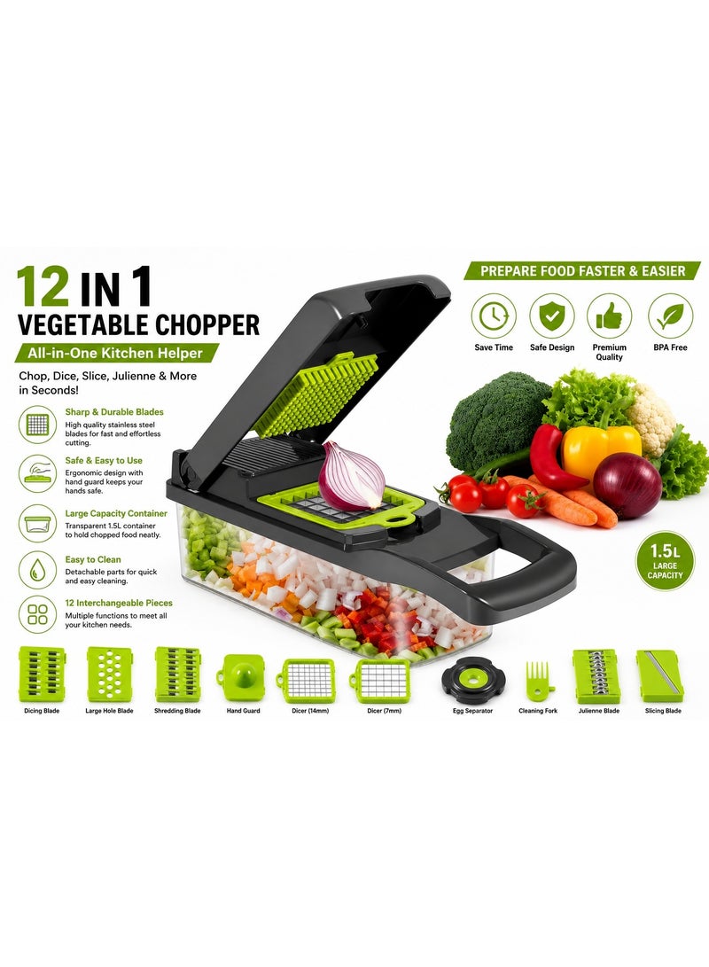 12-in-1 Vegetable Chopper, Multi-Functional Kitchen Food Chopper, Dicer, Slicer, and Julienne, with 1.5L Large Capacity Container & Sharp Stainless Steel Blades. - Image 4