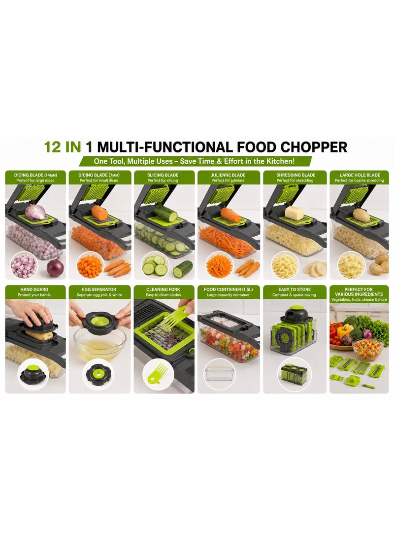 12-in-1 Vegetable Chopper, Multi-Functional Kitchen Food Chopper, Dicer, Slicer, and Julienne, with 1.5L Large Capacity Container & Sharp Stainless Steel Blades. - Image 2