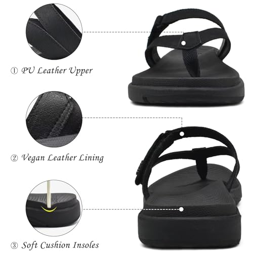 COFACE Womens Orthopedic Flip Flops Ladies Slip On Athletic Yoga Mat Memory Foam Cushioned Recovery Walking Thong Sandals Summer Beach Pool Slippers Plantar Fasciitis Arch Support All Black Size 9 - Image 5