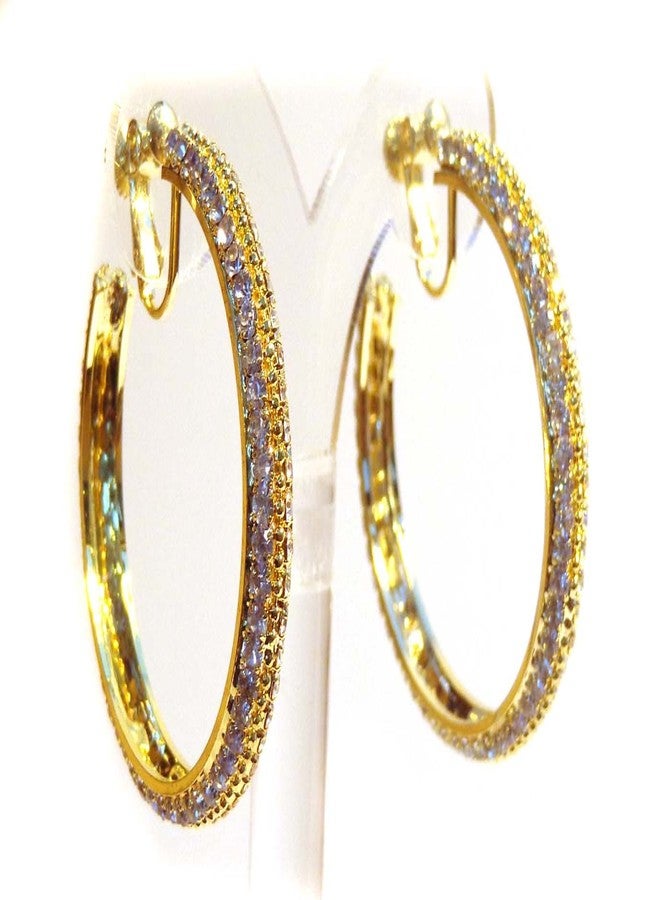 CRISTAL Clip on Earrings Round Gold and Clear Rhinestone Hoop Earrings 2 Inch Crystal Hoop Earrings - Image 3