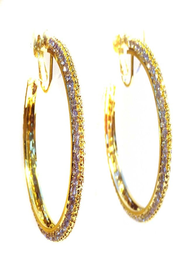 CRISTAL Clip on Earrings Round Gold and Clear Rhinestone Hoop Earrings 2 Inch Crystal Hoop Earrings - Image 1