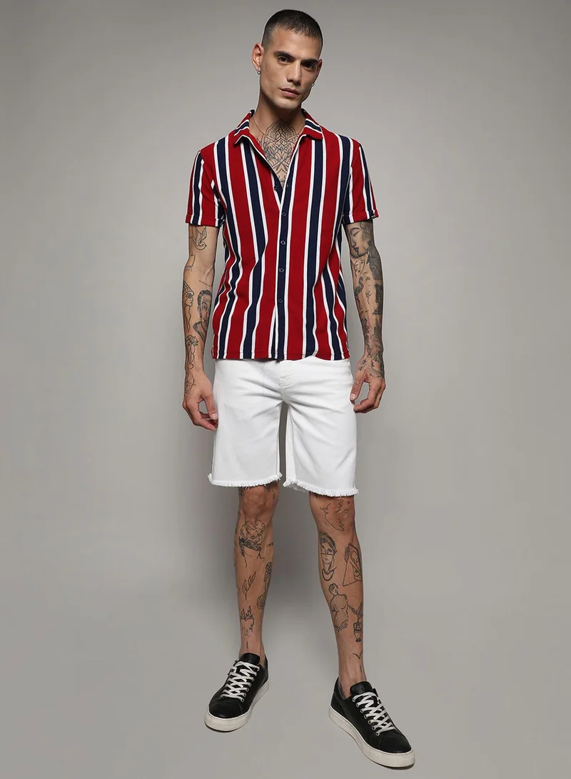 Campus Sutra Men's Navy Blue & Crimson Red Club Striped Shirt