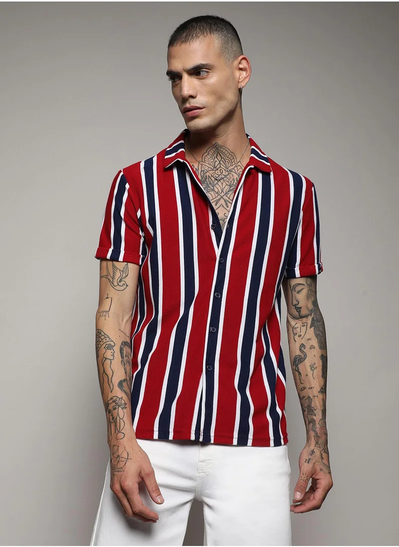 Campus Sutra Men's Navy Blue & Crimson Red Club Striped Shirt