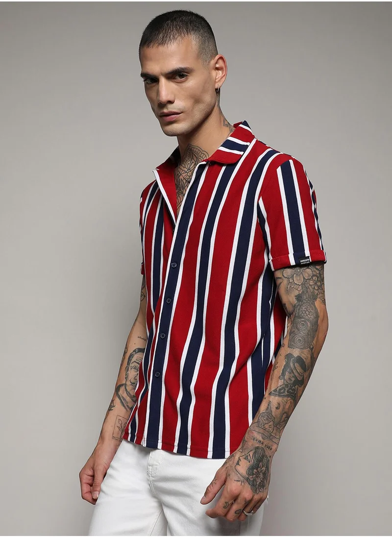 Campus Sutra Men's Navy Blue & Crimson Red Club Striped Shirt