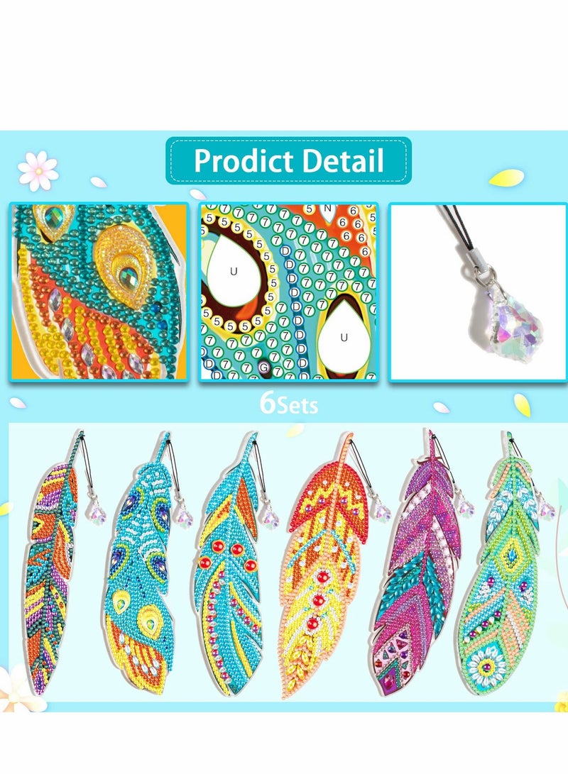 Excefore 5D Diamond Painting Bookmarks DIY Feather Bookmark Crystal Pendant Bookmark for Home Office School Class Project, Diamond Painting Beginner Arts Crafts Gifts for Adults and Kids, 6 Pcs - Image 3