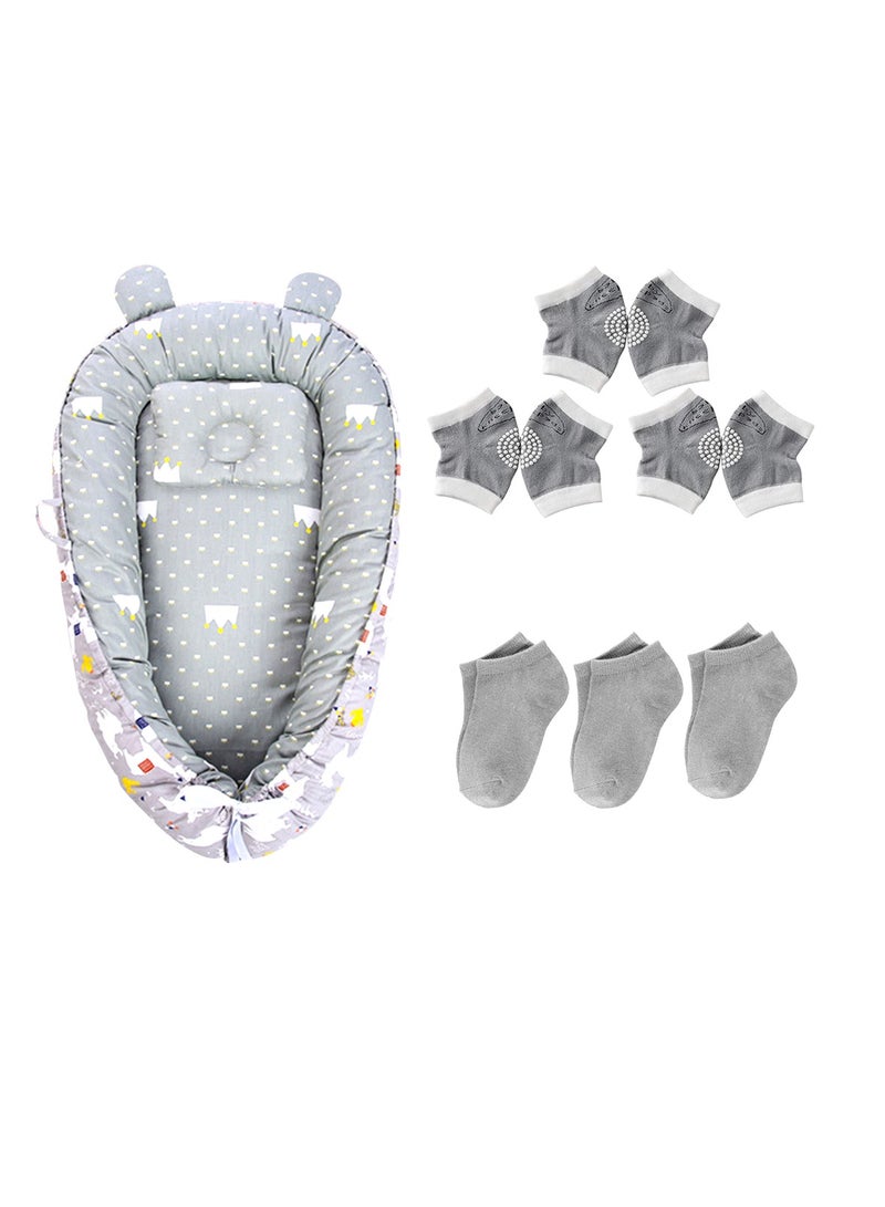 STAR BABiES Star Babies Pack of 3 Combo (Baby Sleeping Pod bed, Kids Socks 3pair, Baby Knee Pad Pack of 3)-Grey Print  - Image 1