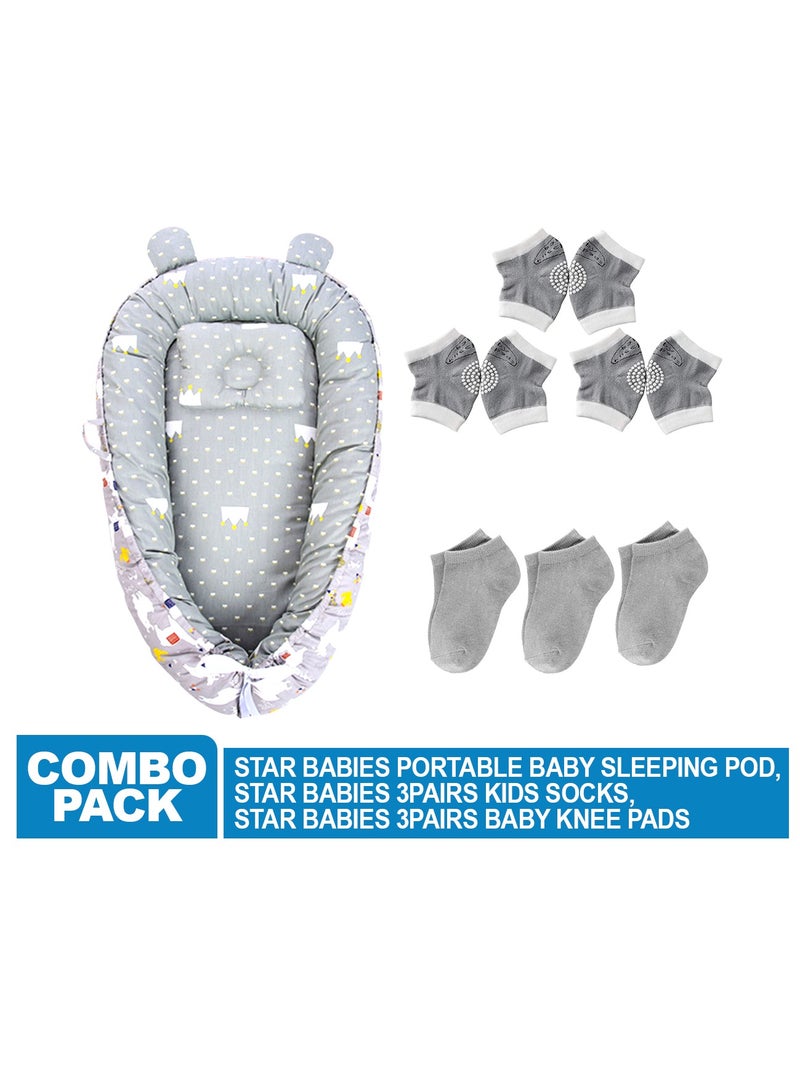 STAR BABiES Star Babies Pack of 3 Combo (Baby Sleeping Pod bed, Kids Socks 3pair, Baby Knee Pad Pack of 3)-Grey Print  - Image 2