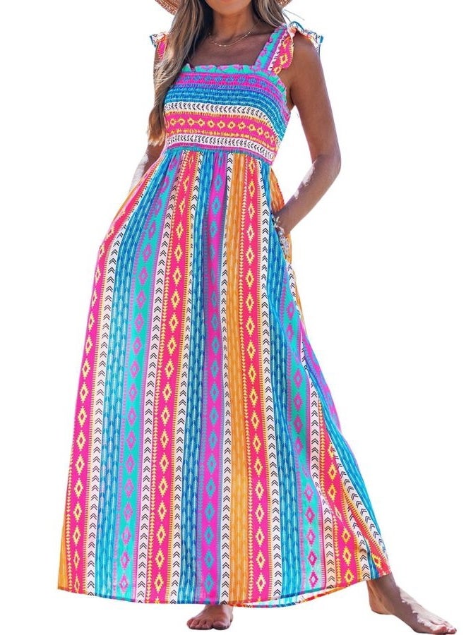popvil Women Long Dress Smocked Maxi Summer Dress Square Neck Flowy 2026 Casual A Line Sleeveless Dress, Multicolor Blue, M - Image 1