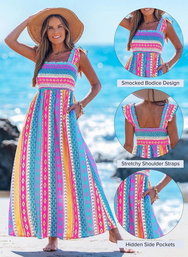 popvil Women Long Dress Smocked Maxi Summer Dress Square Neck Flowy 2026 Casual A Line Sleeveless Dress, Multicolor Blue, M - Image 4