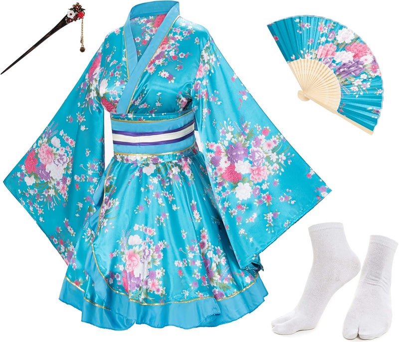 Elibelle Japanese Anime Women's Dance Kimono Robe Fancy Dress Hand Held Silk Folding Fans Tabi Hairstick Socks Set - Image 2
