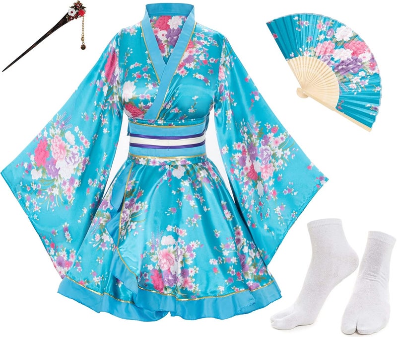 Elibelle Japanese Anime Women's Dance Kimono Robe Fancy Dress Hand Held Silk Folding Fans Tabi Hairstick Socks Set - Image 1