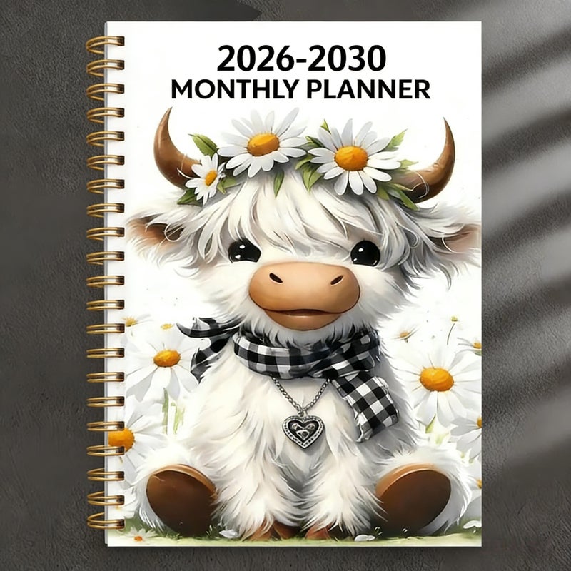 2026-2030 Monthly Calendar - Cartoon Highland Cow Design, 5-Year Planner with Yearly Schedule, 13.97cm x 21.08cm - Image 1