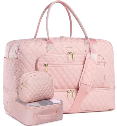 LUOCIP Large Women Travel Duffle Bag - Carry on Overnight Bag Weekend Travel Duffel Tote Gym Bag with Wet Pocket Toiletry Weekender Overnight Bag for Travel Business Trips Sports Hospital Pink 3 Pcs Set - Image 1