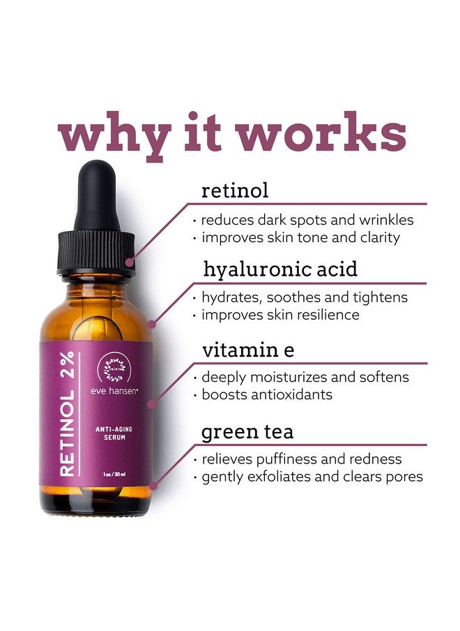 Eve Hansen - Antiaging Retinol Serum For Face Antiwrinkle Serum With Vitamin A E And Hyaluronic Acid Acne Scar Pore Minimizer Cruelty Free 2% Organic Retinol Night Serum (1 Oz) - Image 1