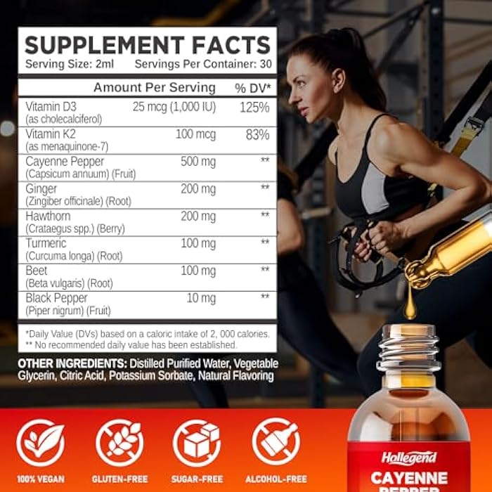 Hollegend Cayenne Pepper Liquid Drops, 500mg Cayenne Pepper Supplement Tincture with Hawthorn, Ginger, Turmeric, 2 Fl Oz - Image 2