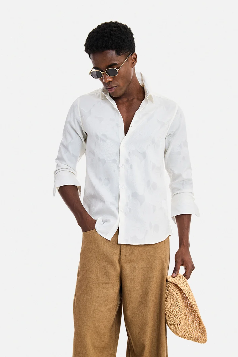 White Floral Long Sleeve Slim Fit Casual Shirt