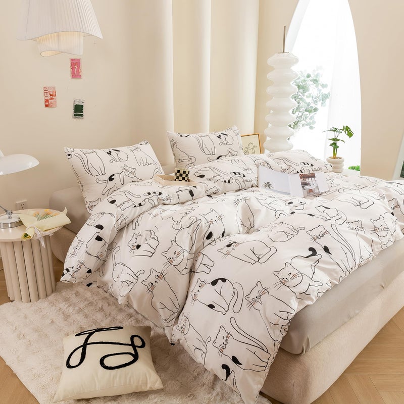 ECOCOTT ECOCOTT Duvet Cover King Size  3 Pcs Cartoon Cats Animal Print Pattern Duvet Cover Set  Super Soft Comforter Quilt Cover with Zipper Closure 4 Ties  - Image 5