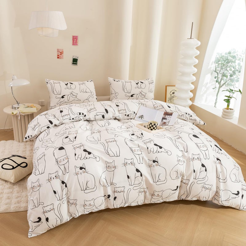 ECOCOTT ECOCOTT Duvet Cover King Size  3 Pcs Cartoon Cats Animal Print Pattern Duvet Cover Set  Super Soft Comforter Quilt Cover with Zipper Closure 4 Ties  - Image 3